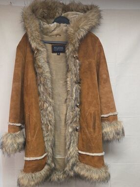 Wilsons Leather Brown Suede Faux-Fur Trim Hooded Jacket